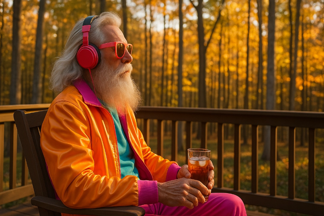 An elderly man with a long white beard and flowing hair, wearing bright, retro-futuristic clothes including an orange and pink jacket, neon sunglasses, and large headphones, sitting confidently at a modern computer keyboard. The scene is colorful, vibrant, and filled with 80s-inspired nostalgia. The background is a cozy, cluttered room with toys and gadgets. The style is cinematic, realistic, and expressive, with dramatic lighting and detailed textures.