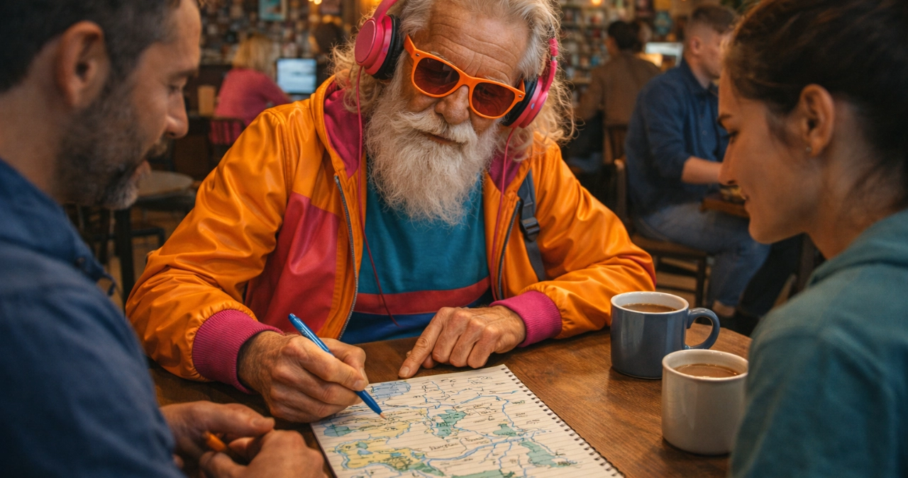 An elderly man with a long white beard and flowing hair, wearing bright, retro-futuristic clothes including an orange and pink jacket, neon sunglasses, large headphones sitting at a table in a coffee shop with a couple other people drawing a map on a piece of notebook paper. The background scene is a busy coffee shop with a some other people at tables in the backgroud. Some working on laptops. Others talking to friends.