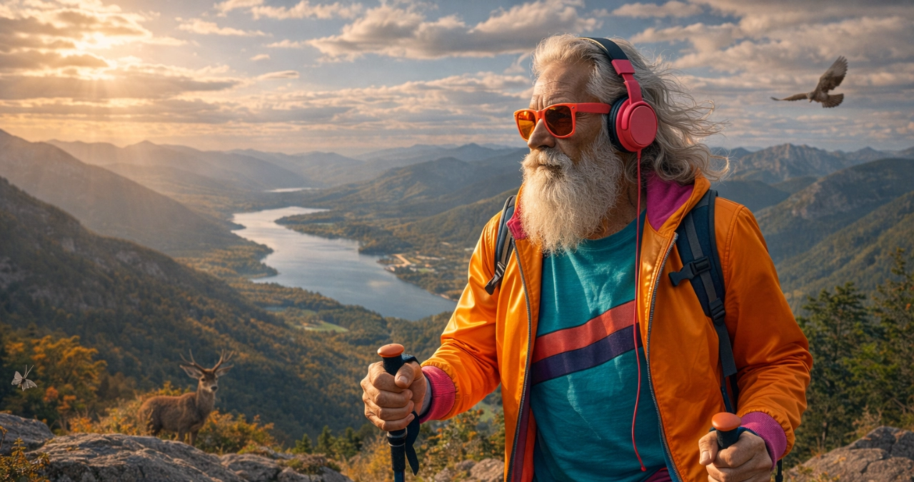 An elderly man with a long white beard and flowing hair, wearing bright, retro-futuristic clothes including an orange and pink jacket, neon sunglasses, and large headphones, hiking up a mountain trail with a scenic view