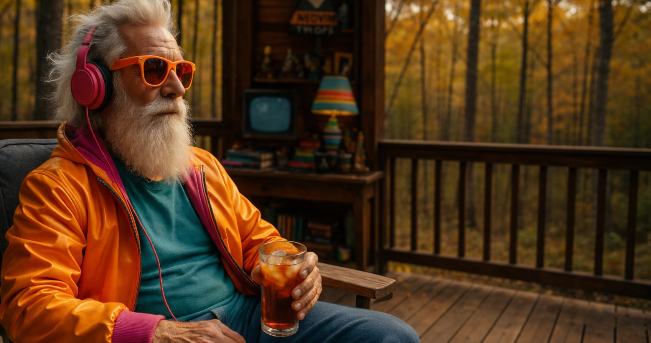 An elderly man with a long white beard and flowing hair, wearing bright, retro-futuristic clothes including
  an orange and pink jacket, neon sunglasses, and large headphones, sitting confidently at a modern computer keyboard.
  The scene is colorful, vibrant, and filled with 80s-inspired nostalgia. The background is a cozy, cluttered room with
  toys and gadgets. The style is cinematic, realistic, and expressive, with dramatic lighting and detailed textures.