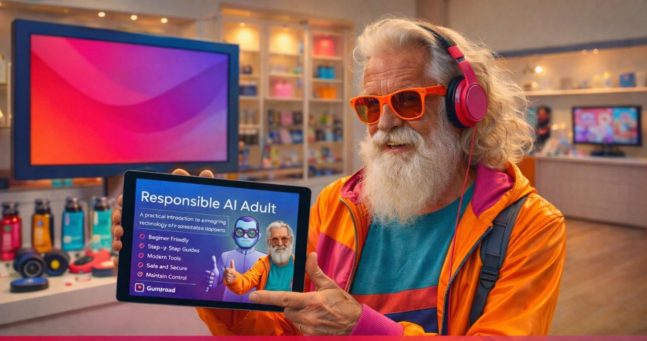 An elderly man with a long white beard and flowing hair, wearing bright, retro-futuristic clothes including an orange and pink jacket, neon sunglasses, and large headphones, holding a tablet pointing to the screen while standing on a stage with colorful lights and a tv studio atmosphere