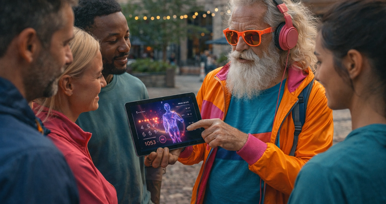An elderly man with a long white beard and flowing hair, wearing bright, retro-futuristic clothes including an orange and pink jacket, neon sunglasses, and large headphones, talking to a group of people showing them something on a tablet