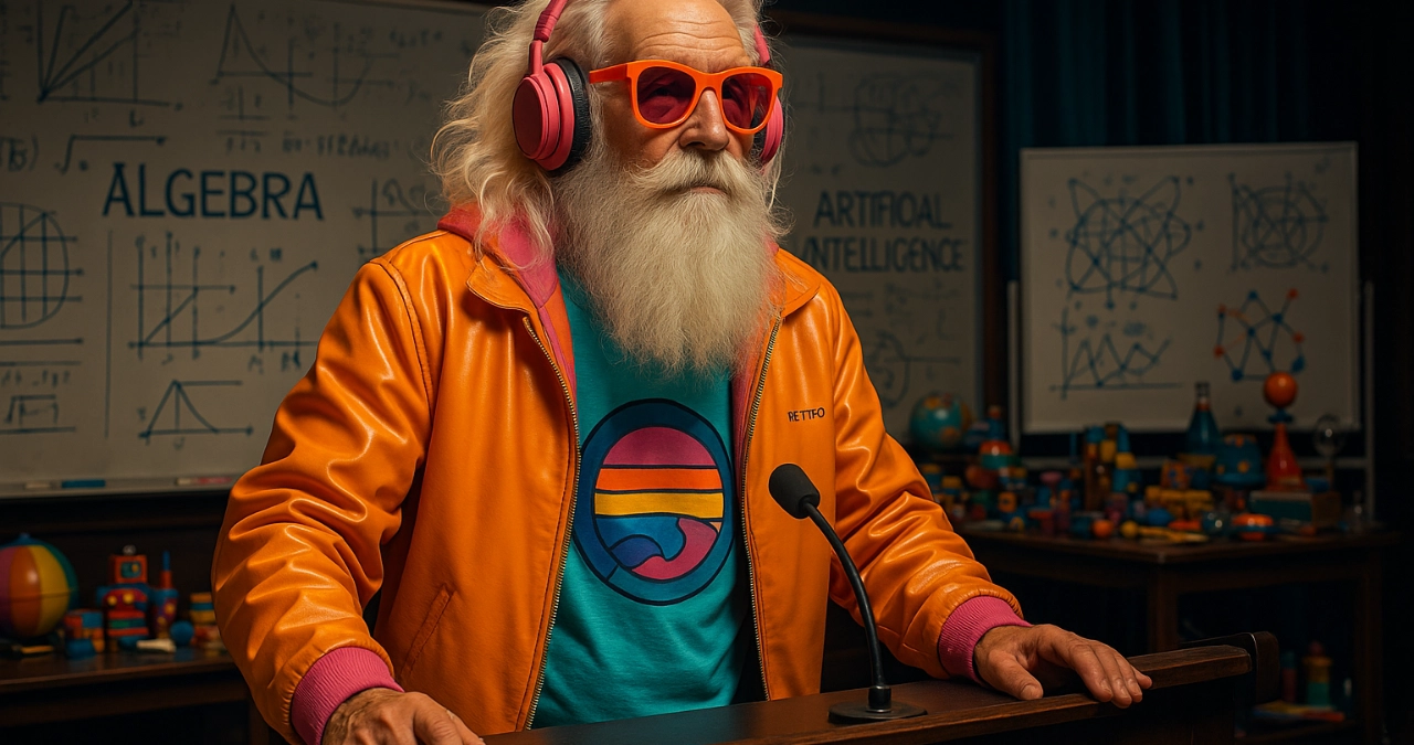 An elderly man with a long white beard and flowing hair, wearing bright, retro-futuristic clothes including an orange and pink jacket, neon sunglasses, and large headphones, standing at a podium